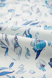 Sky Blue Floral Print Ruffled Short Sleeve Blouse