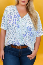 Sky Blue Leopard Print Short Sleeve V Neck Plus Size Top