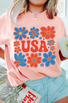 Pink Shimmer Flower USA Letter Printed Casual T Shirt