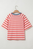 Tomato Red Stripe Print Contrast Collar Raglan Sleeve T Shirt
