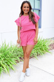 Bright Pink Textured Pearled Ruffle Sleeve Top 2 Piece Shorts Set