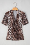 Black Leopard Wrapped V Neck Slim Short Sleeve Top