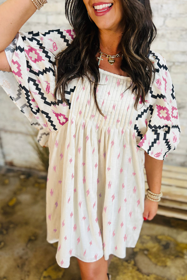 Pink Western Aztec Print Pleated Square Neck Loose Mini Dress