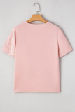 Apricot Pink Leopard Jacquard Patchwork Crisscross V Neck Short Sleeve Blouse