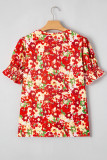 Red Floral Bubble Sleeve Pleated V Neck Wrap Blouse