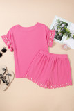 Bright Pink Textured Pearled Ruffle Sleeve Top 2 Piece Shorts Set