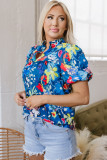 Blue Flower Print Collared V Neck Puff Short Sleeve Loose Blouse