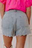 Dusk Blue Scalloped Hemline Acid Wash High Waist Denim Shorts