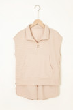 Parchment Textured Half Zip Kangaroo Pocket Top Drawstring Shorts Set