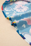 Blue Flower Print Collared V Neck Puff Short Sleeve Loose Blouse