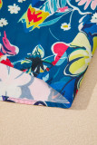 Blue Flower Print Collared V Neck Puff Short Sleeve Loose Blouse