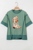 Smoke Green Floral Boots Printed Raw Seam Mix Texture Patchwork Tee