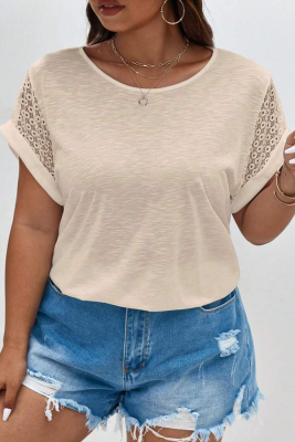 Parchment Lace Patchwork Short Sleeve Round Neck Plus Size Summer Top