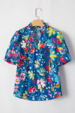 Blue Flower Print Collared V Neck Puff Short Sleeve Loose Blouse