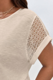 Parchment Lace Patchwork Short Sleeve Round Neck Plus Size Summer Top