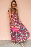 Red Boho Floral Ruffled Strap V Neck Maxi Dress