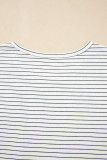 White Stripe Cap Sleeve Crew Neck Casual Tee with Chest Pocket