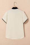 White Bow Knot Neckline Contrast Stripe Short Sleeve Blouse