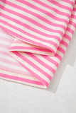 Pink Stripe Bowknot Cutout Back Drop Shoulder Wide Bracelet Sleeve Loose Tee