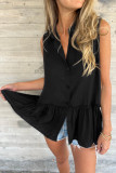 Black Sleeveless Buttoned Front Ruffle Hem Tunic Shirt