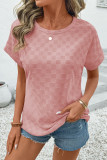 Apricot Pink Checkered Textured Round Neck T-shirt