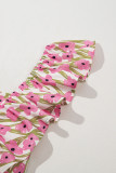 Pink Plus Size Ruffle Trim Square Neck High Waist Floral Maxi Dress
