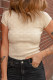 Beige Textured Crew Neck Cap Sleeve Slim Stretchy T Shirt