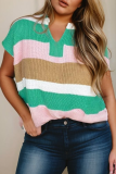 Multicolour Plus Size Striped Colorblock V Neck Short Sleeve Sweater