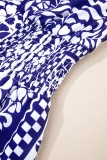 Dirty blue Shirred Waist V Neck Sleeveless Floral Print Midi Dress