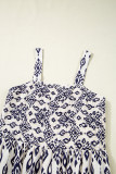 Blue Boho Geometric Print Shirred High Waist Wide Leg Jumpsuit
