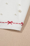 White Contrast Bow Trim Pearl Puff Sleeve Blouse and Skort 2pcs Set