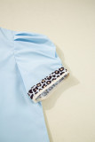 Beau Blue Contrast Leopard Trim Split Neck Puff Sleeve Blouse