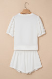 White Contrast Bow Trim Pearl Puff Sleeve Blouse and Skort 2pcs Set
