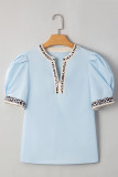 Beau Blue Contrast Leopard Trim Split Neck Puff Sleeve Blouse