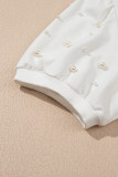 White Contrast Bow Trim Pearl Puff Sleeve Blouse and Skort 2pcs Set