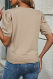 Parchment Solid Color Ruched Puff Sleeve T Shirt