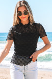 Black Bowknot Sheer Mesh Mock Neck Lettuce Trim Short Sleeve Top