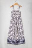 Blue Boho Geometric Print Shirred High Waist Wide Leg Jumpsuit