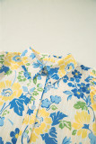 Blue Floral Striped Mixed Print Puff Short Sleeve Blouse