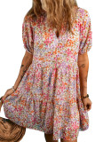 Red Floral Puff Sleeve Notched V Neck Tiered Mini Dress