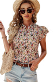 Red Boho Floral Frilled Button Neck Ruffle Short Sleeve Blouse