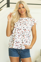 Beige Abstract Print Ruffle Flutter Sleeve Keyhole Back Slim Blouse