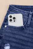 Real Teal Folded Cuffs Distressed Straight High Waist Jeans