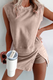 Smoke Gray 2 Pieces Mineral Wash Cotton Tank Top Lined Split Skirt Set