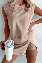 Smoke Gray 2 Pieces Mineral Wash Cotton Tank Top Lined Split Skirt Set