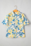 Blue Floral Striped Mixed Print Puff Short Sleeve Blouse