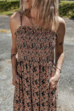 Brown Floral Smocked Bodice High Waist Flowy Sun Dress