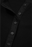 Black Ribbed Patchwork Puff Sleeve Half Button Placket Slim Fit Top
