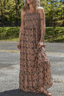 Brown Floral Smocked Bodice High Waist Flowy Sun Dress