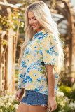 Blue Floral Striped Mixed Print Puff Short Sleeve Blouse